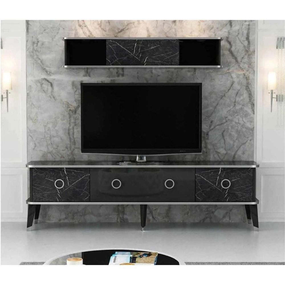 Mobile porta Tv con pensile effetto marmo nero particolari argento Bientv 180