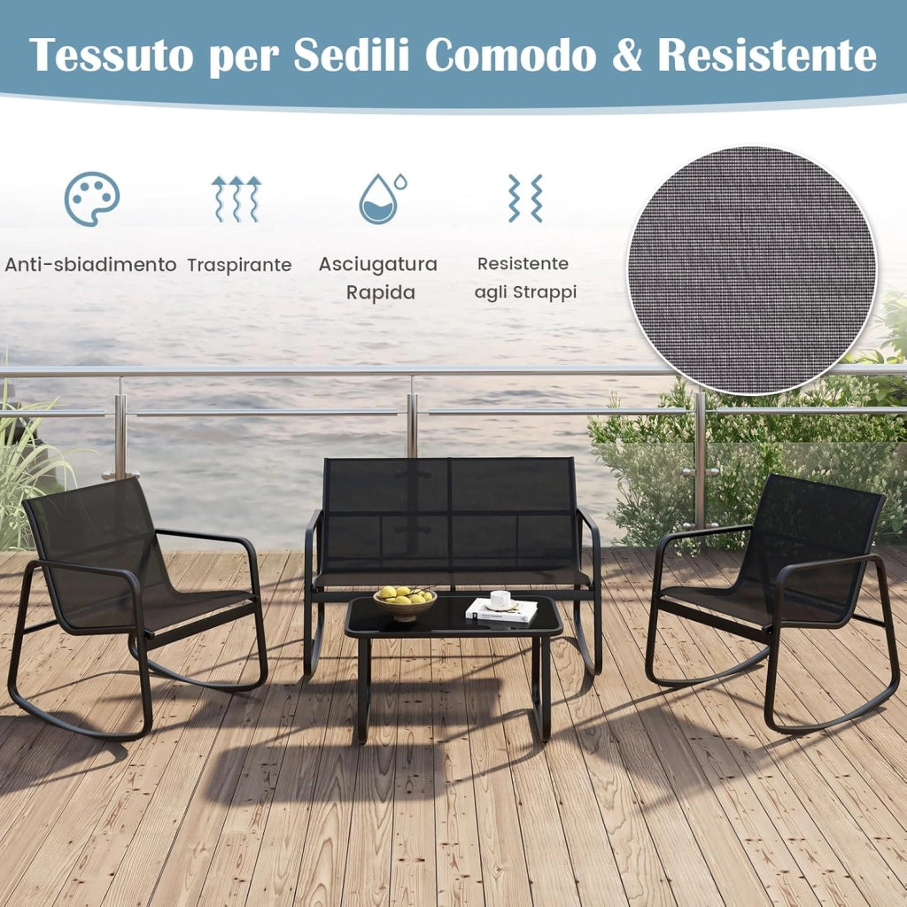 Set da Giardino 4 Pezzi in Tessuto Textilene, Set da Bistrò da Patio, Set tavolo e sedie con Tavolino in Vetro, 2 Sedie e Divanetto a Dondolo, per Giardino Coltile (Nero)