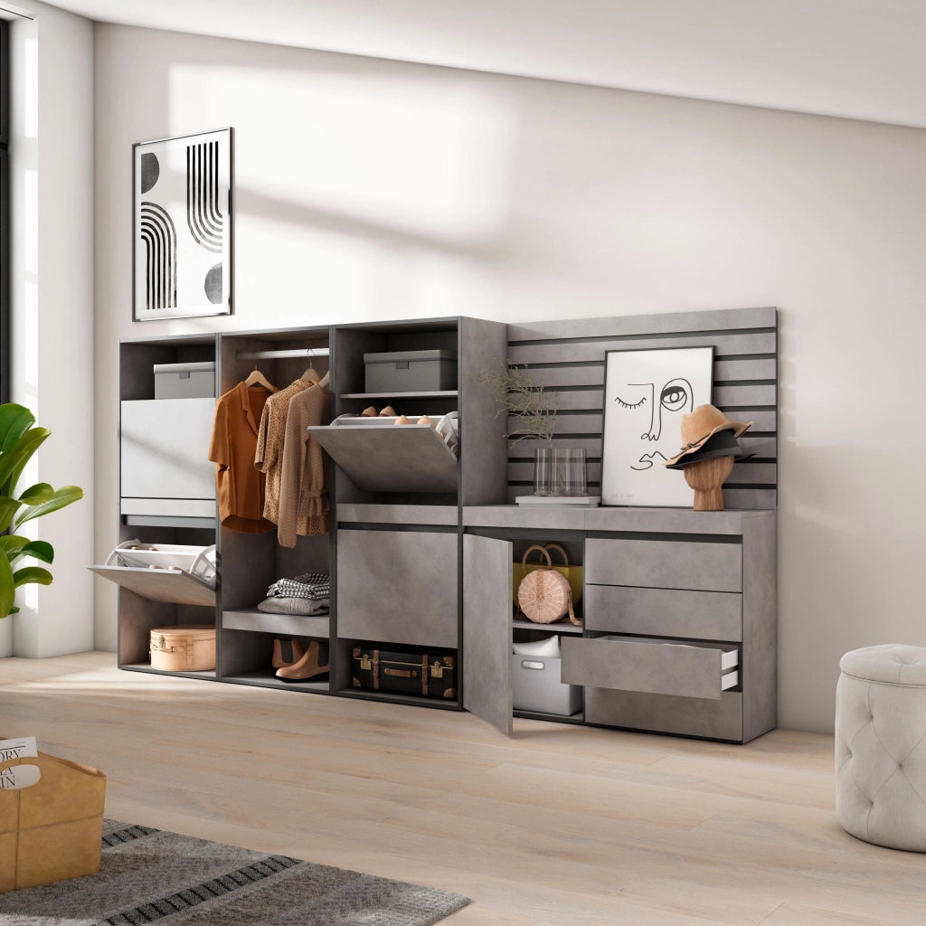 Scarpiera, 287x35x145cm, Camera da letto, Armadio Aperto, Cassettiera, Pannelli Decorativi, grigio cemento RF3526