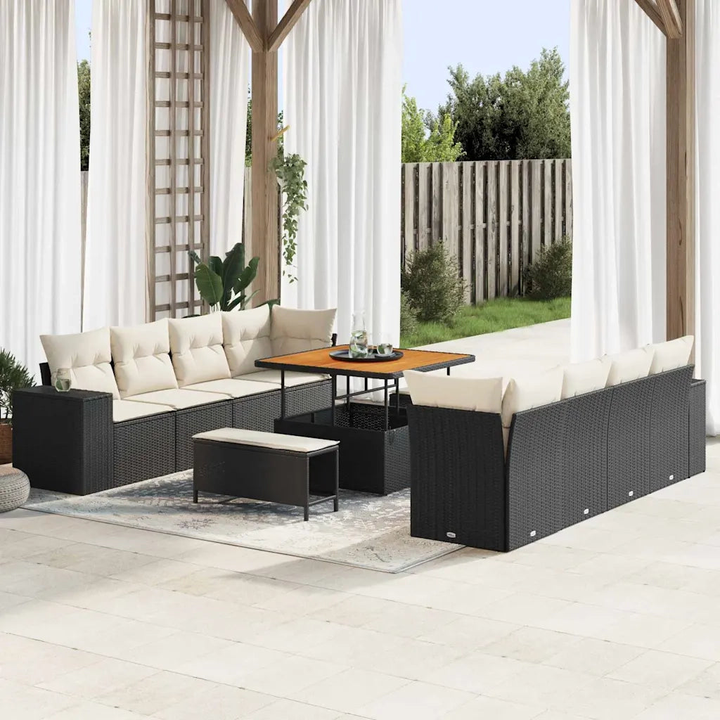 Set Divano da Giardino 11 pcs Nero e Crema polyrattan