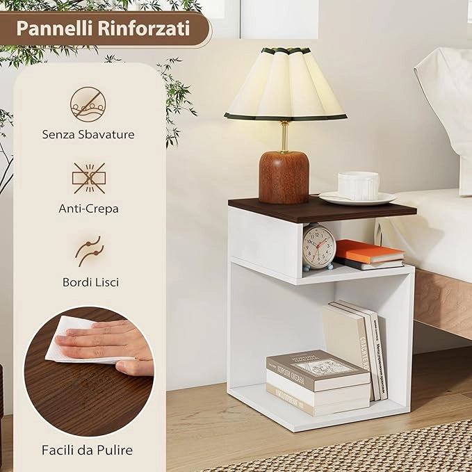 Tavolino Laterale da Salotto a Forma di S per Piccoli Spazi, Tavolino per Divano con 2 Scomparti Aperti, Comodino Moderno per Soggiorno, Camera da Letto e Studio, Bianco (1,Noce e Bianco)