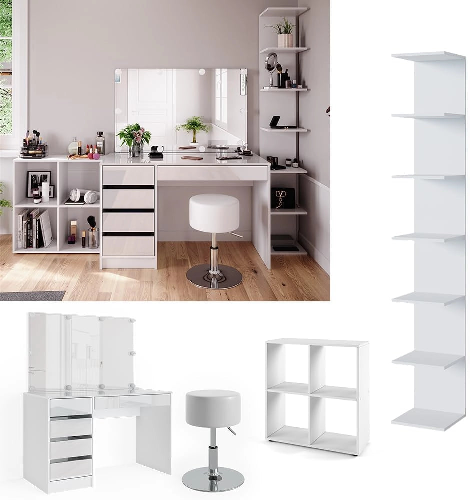 Tavolino da toilette Sherry, Bianco, 5 pezzi, con ripiano portaoggetti, ripiano in piedi, specchio, sgabello, LED, adatto per l’uso quotidiano con telaio stabile