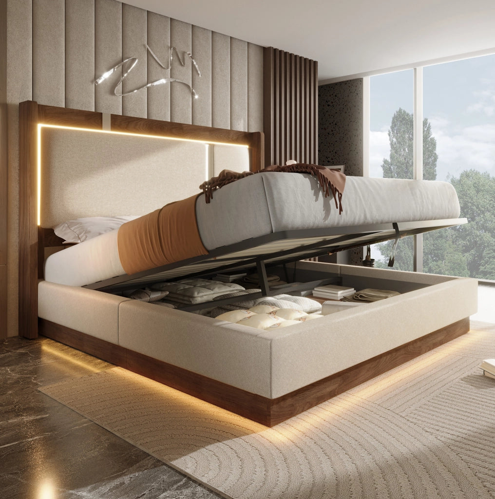 Letto imbottito 140x200 con LED integrato e vano contenitore