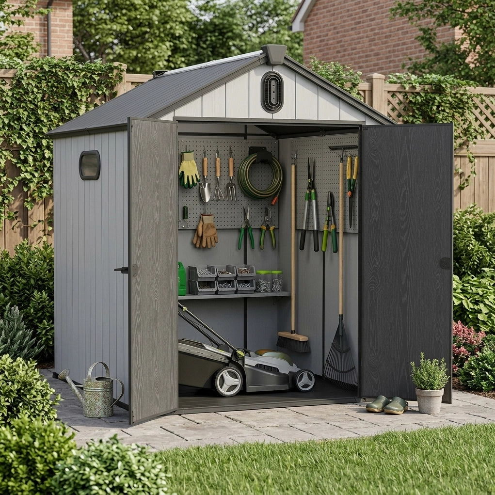 Casetta da giardino 6x8 ft in resina con doppia parete; grigio e bianco