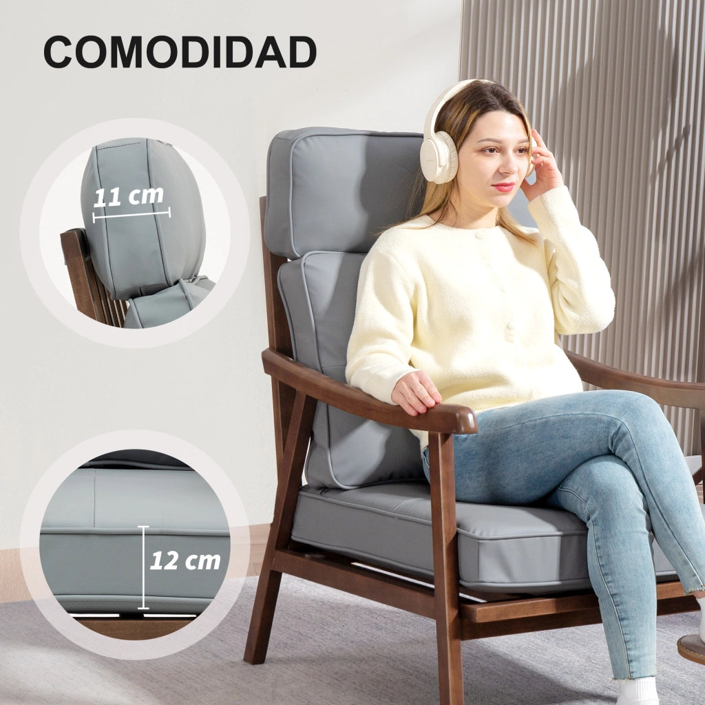 Poltrona in similpelle con braccioli in legno e cuscini imbottiti ¨C Zephmum ¨C Grigio e marrone