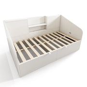 Letto singolo contenitore 90x200 con sponda a ripiani e ricarica USB-C; rete a doghe; bianco