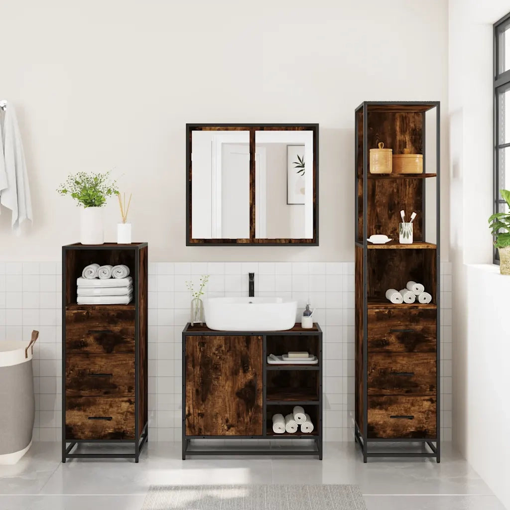 Set Mobili da Bagno 4 pz Rovere Fumo in Legno Multistrato