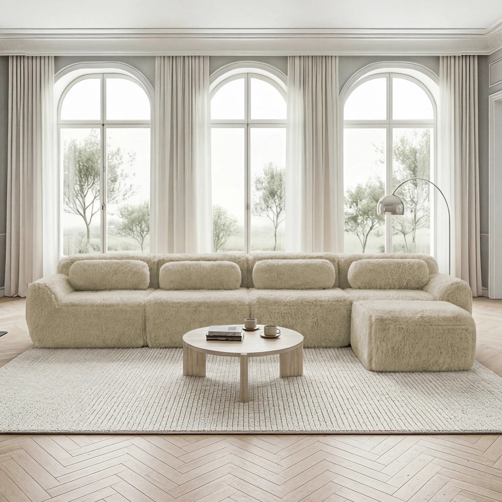 Divano Angolare Modulare 4 Posti con Chaise Longue e Cuscini; senza Montaggio; in Peluche; Cachi Chiaro