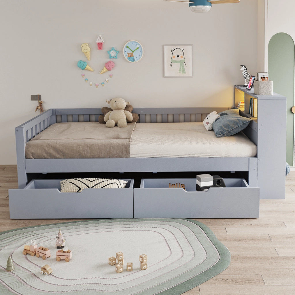 Letto singolo 90 × 200 cm con cassetti, ripiani, illuminazione led, prese usb e type-c, senza materasso, grigio