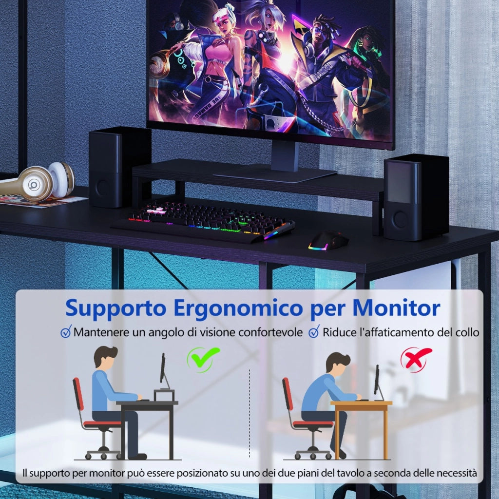 Tavolo da gioco a L con striscia LED e prese di corrente, Scrivania angolare con mensola supporto per monitor/CPU Nero-Scrivanie