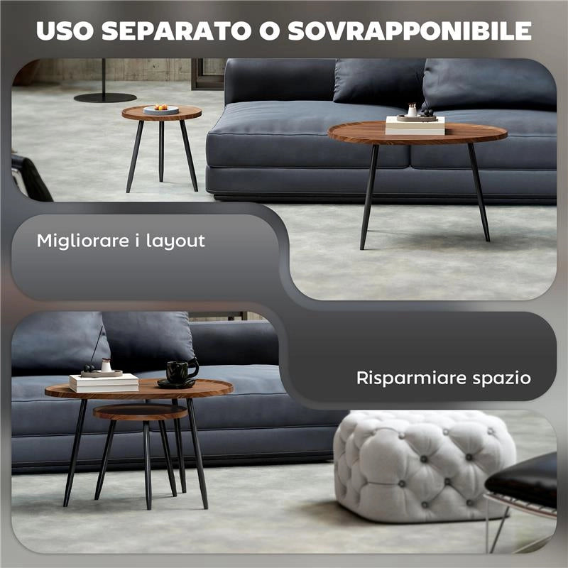 SET 2 TAVOLINI DA SALOTTO SOVRAPPONIBILI IN LEGNO E METALLO, COLORE LEGNO SCURO
