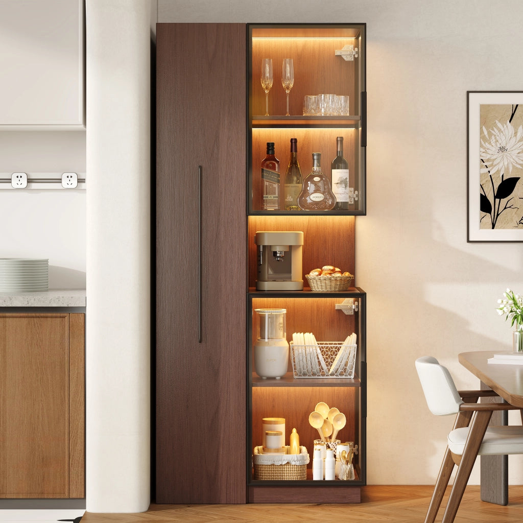 Vetrina alta in MDF e vetro 70×38×160 cm, colore noce, con ripiani estraibili e LED multicolore