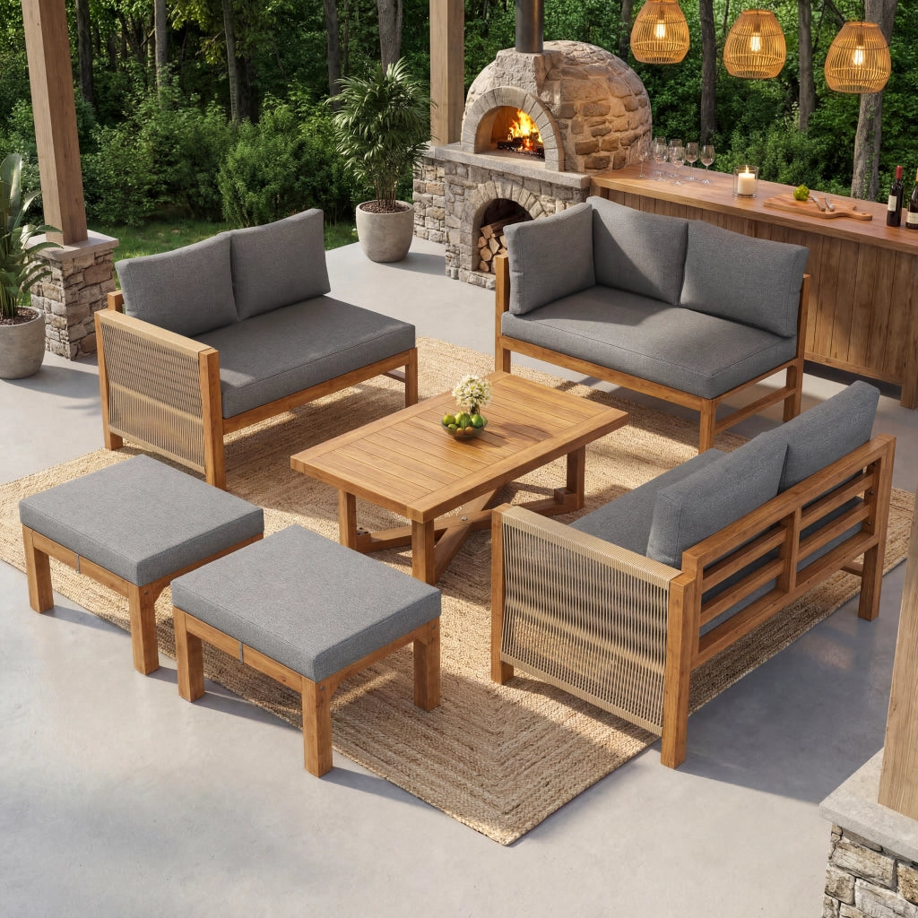 Set Divano Angolare da Giardino 6 Posti in Legno Acacia con Cuscini e Tavolino ¨C MINIMAL ¨C Beige