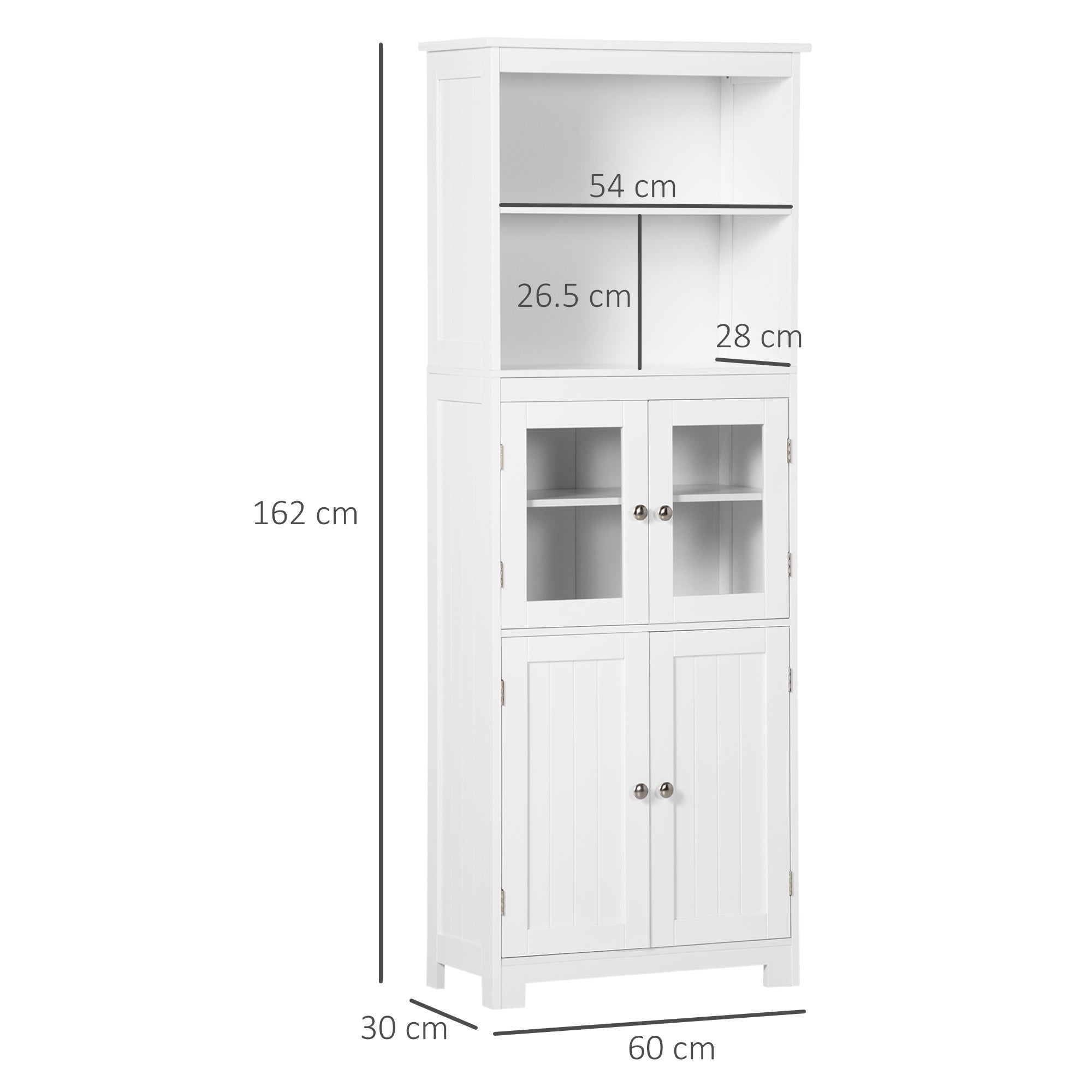 Mobile Dispensa con 2 Ripiani Aperti e 2 Armadietti con Ante 60x30x162 cm in MDF e Vetro Bianco
