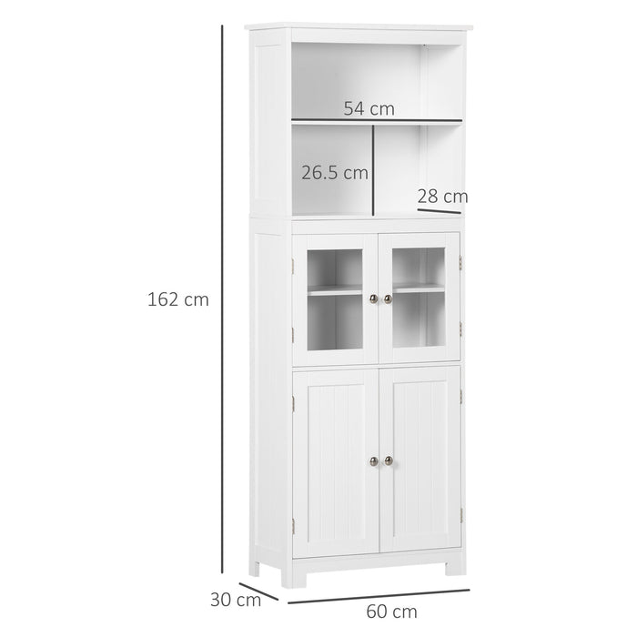 Mobile Dispensa con 2 Ripiani Aperti e 2 Armadietti con Ante 60x30x162 cm in MDF e Vetro Bianco