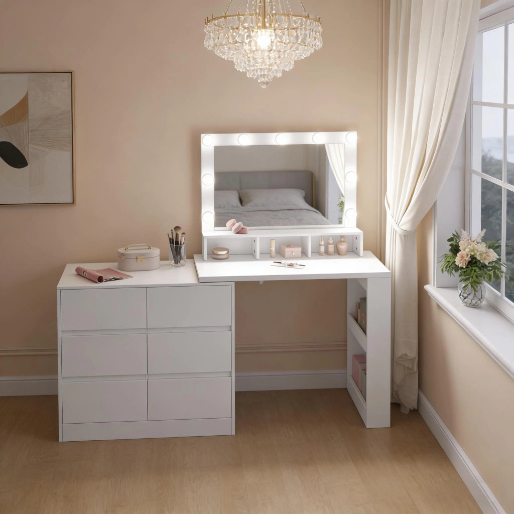 Tavolo multifunzione 2-in-1 a forma L; 6 cassetti grandi; specchio LED regolabile; utilizzabile come scrivania; solo tavolo