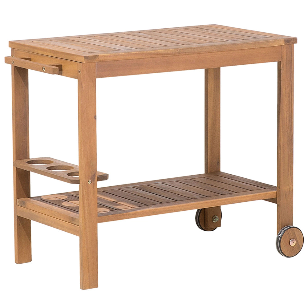 Carrello da giardino in legno di acacia chiaro Carrello da tè a 2 piani con ruote con portabottiglie