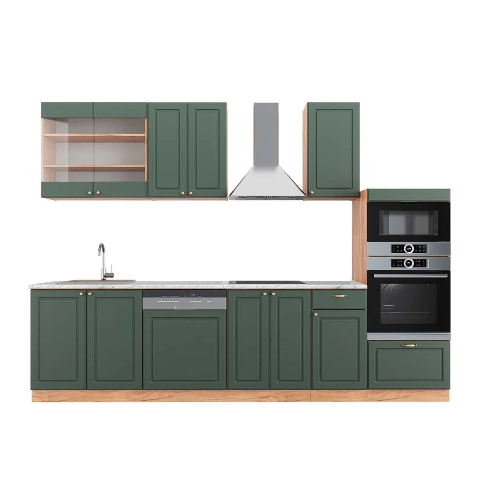 Cucina componibile Fame-Line Verde-oro rustico/Rovere dorato 300 cm con armadio alto, PL Marmo Vicco