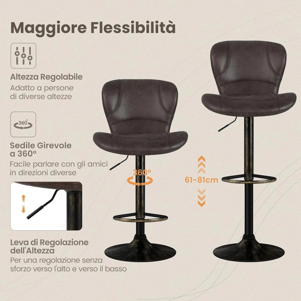 Set di 2 Sgabelli da Bar Moderno in Similpelle, Regolabile e Girevole a 360°, Sgabelli da Cucina con Schienale, Poggiapiedi, Sgabello Struttura in Metallo Stile Vintage da Casa (Marrone)
