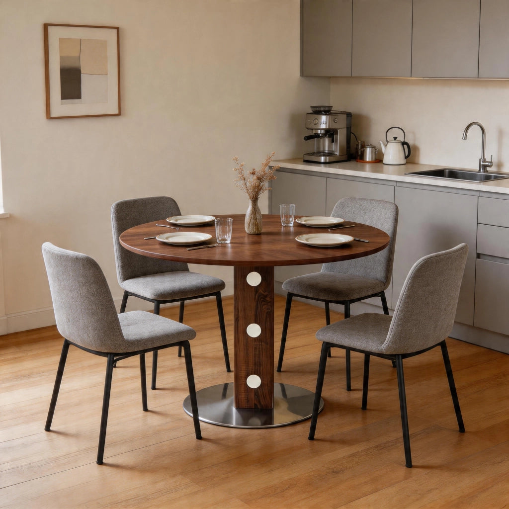 Tavolo da pranzo rotondo con piano effetto noce e base in metallo, per cucina e soggiorno, diametro 100 cm, altezza 76 cm