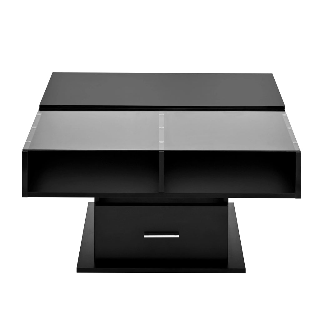 Tavolino da Caffè Sollevabile con 1 Cassetto e 1 Vano e LED; Finitura Parzialmente Lucida; Stile Moderno; in Pannello Truciolare; Nero