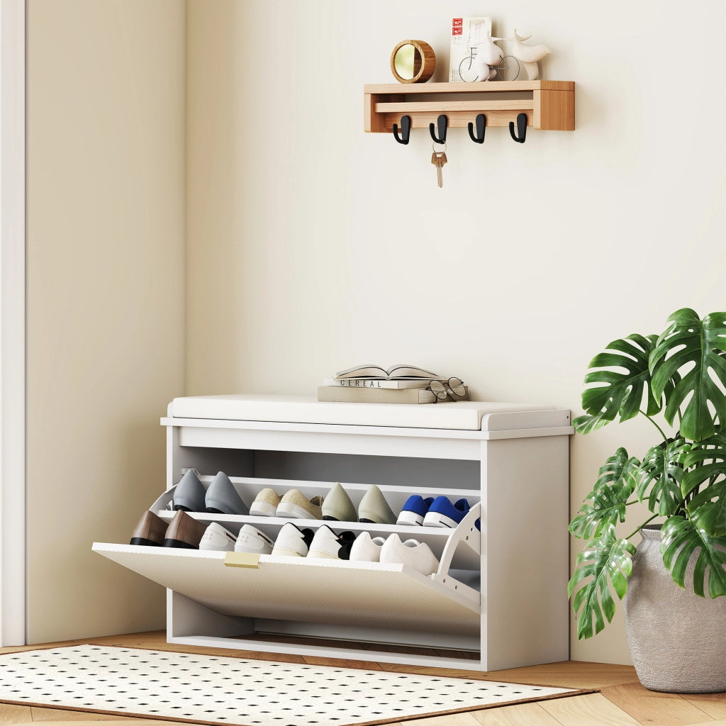 Panca Scarpiera con Ripiano Interno, in Legno e Tessuto Effetto Lino, 80x26x47.5 cm, Bianca e Beige