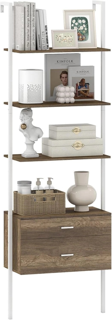 Scaffalatura con 4 ripiani aperti e 2 cassetti, 184 cm, libreria salvaspazio per soggiorno, studio e ufficio, 60 x 30 x 184 cm (bianco)