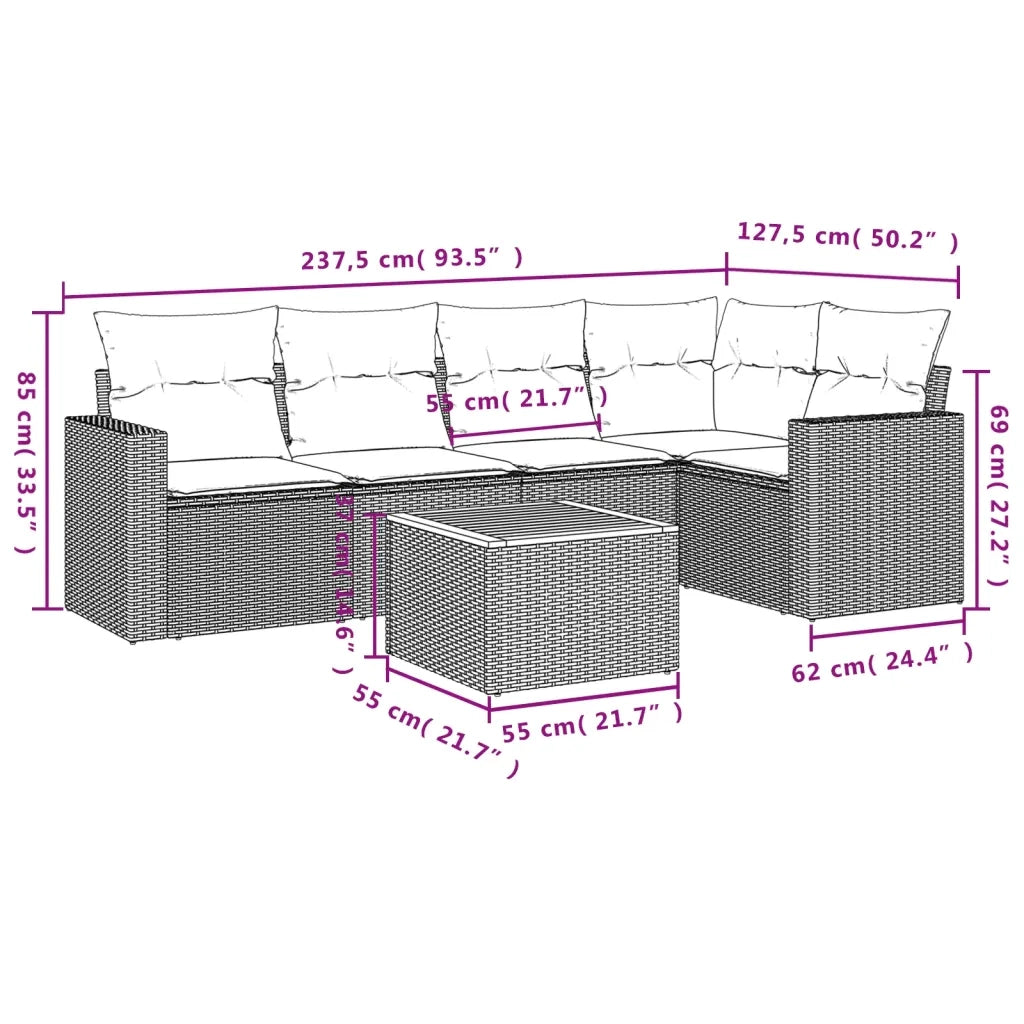 Set Divano da Giardino 6 pz con Cuscini Beige in Polyrattan