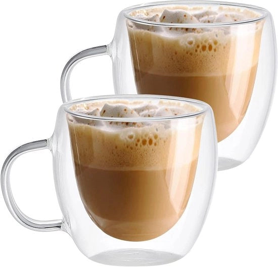 Caffè in Doppio Vaso di Vetro - 150 ml - Isolato - Con Maniglia - Translucido - Per Latte Cappuccino Espresso Americano