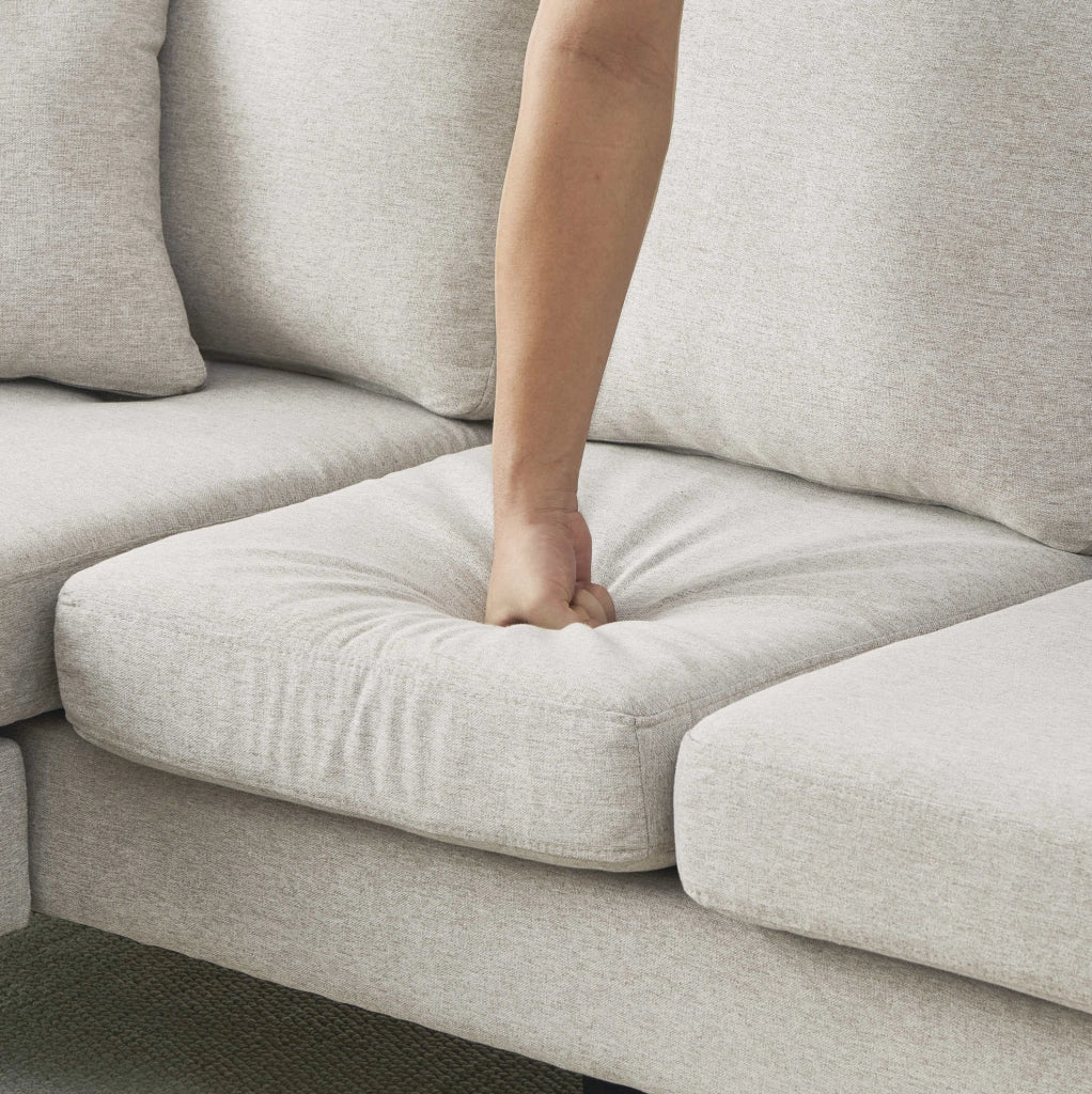 Divano angolare modulare 166x118x77 cm con chaise longue reversibile; imbottitura in schiuma; beige grigio e bianco