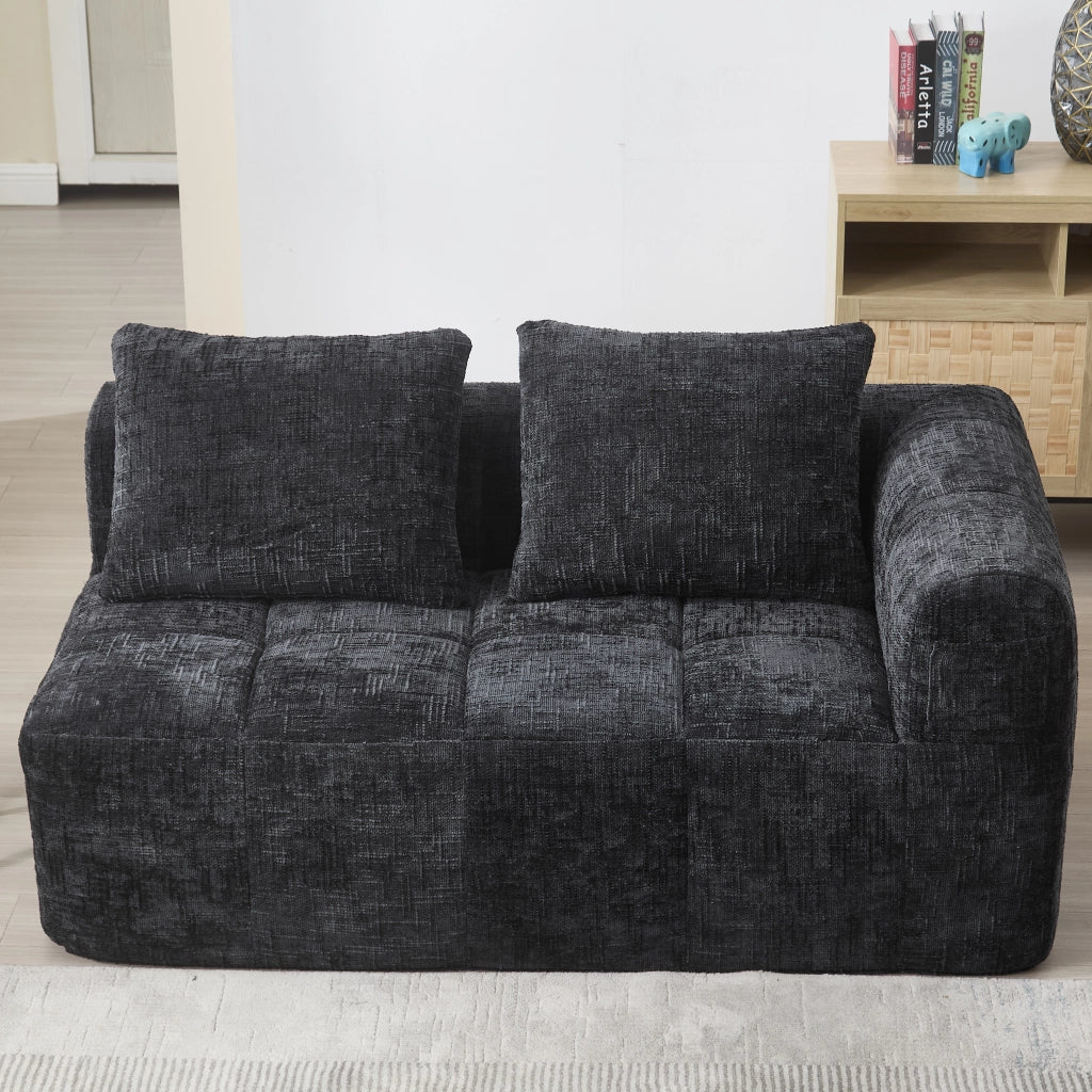 Divano chaise longue a 2 posti in chenille nero con tasche laterali e cuscino incluso, 158x90x60 cm