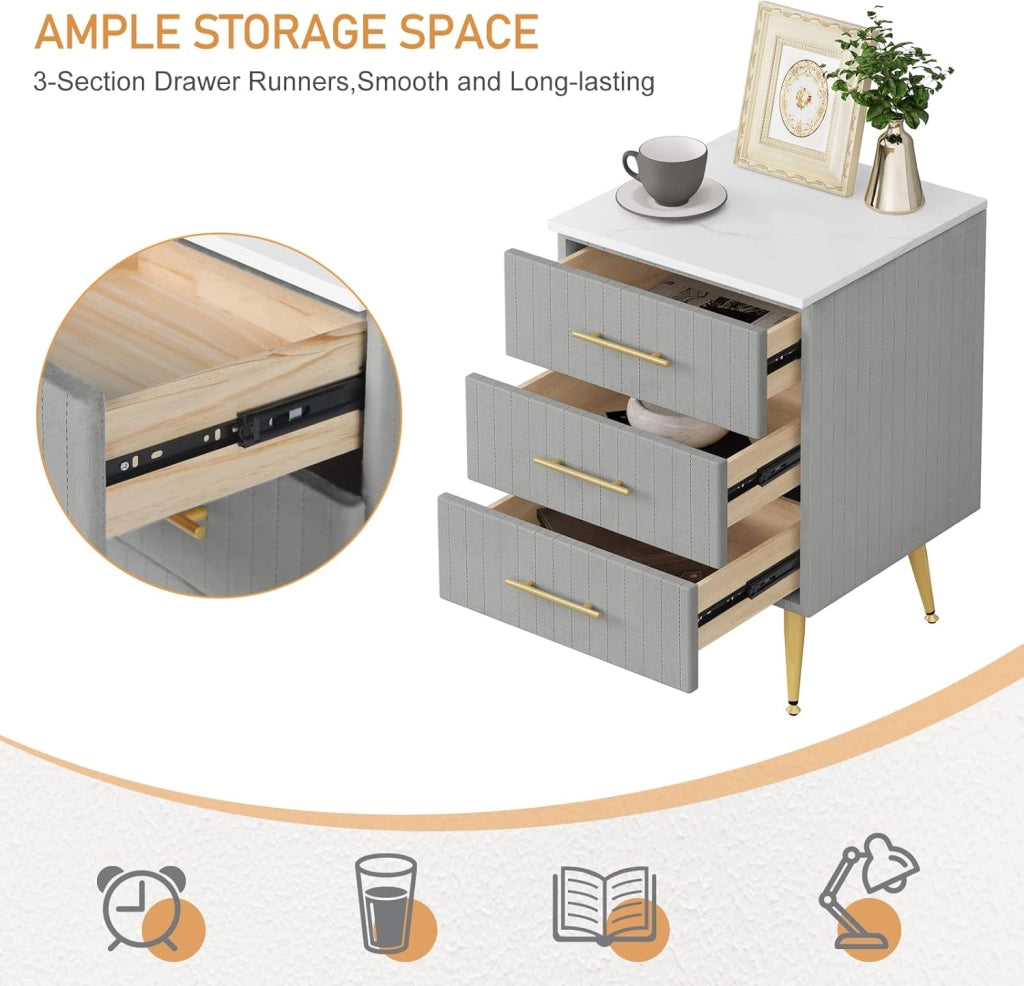 Set di 2 Comodino Camera da Letto in Velluto con Tre Cassetti, Cassettiera in Legno, Organizzatore da Letto, Gambe in Metallo, Bianco e Grigio, TS135gr-2