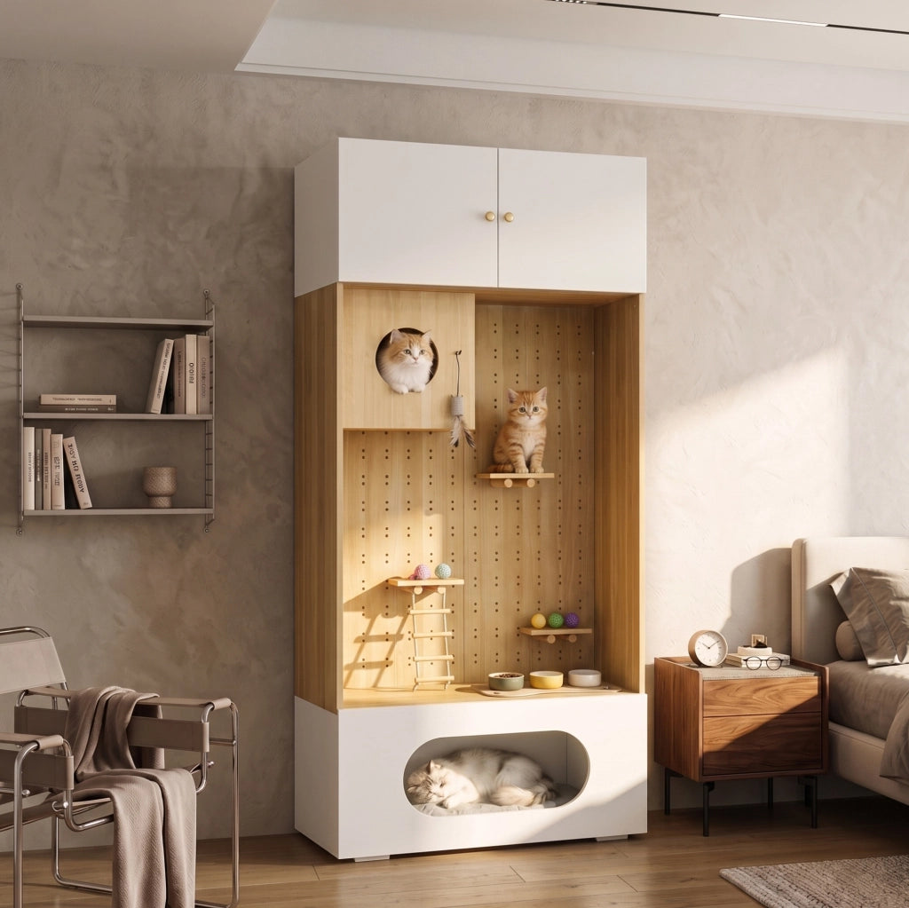 Mobile per gatti multifunzione con parete da arrampicata e vano contenitore 90x50x200 cm bianco effetto legno
