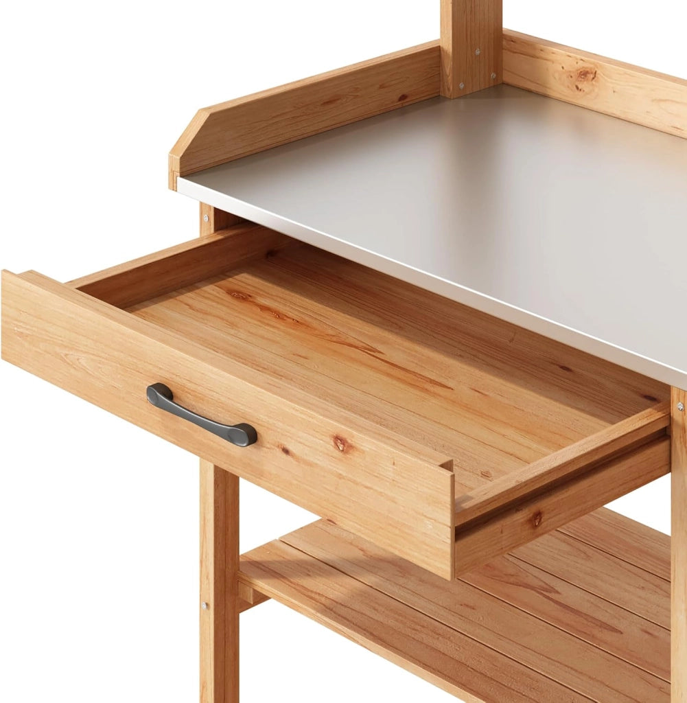 Tavolo da Giardinaggio,Tavolo per Piante,Tavolo Lavoro da Giardino in Legno Massello con Piano Lavoro, Ripiano Regolabile e Armadietto, Balcone, Terrazzo 112x46x125 cm Natural