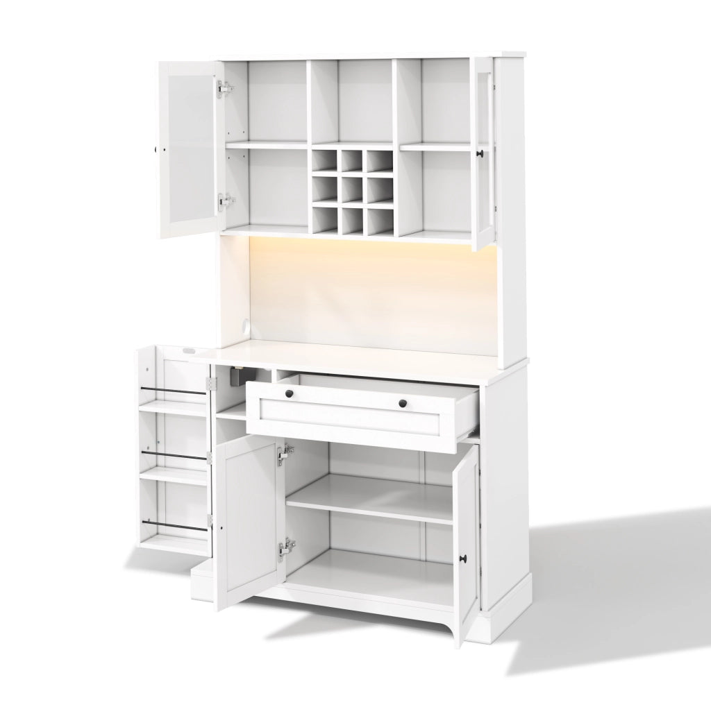 Credenza alta con LED RGB, prese USB e AC, ripiani regolabili e vetrine in vetro temperato, 180 cm