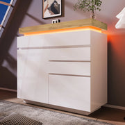 OKWISH Credenza con 2 Ante e 3 Cassetti, Ripiani Regolabili, LED, per Soggiorno o Camera da Letto, Bianca 110×39×115 cm