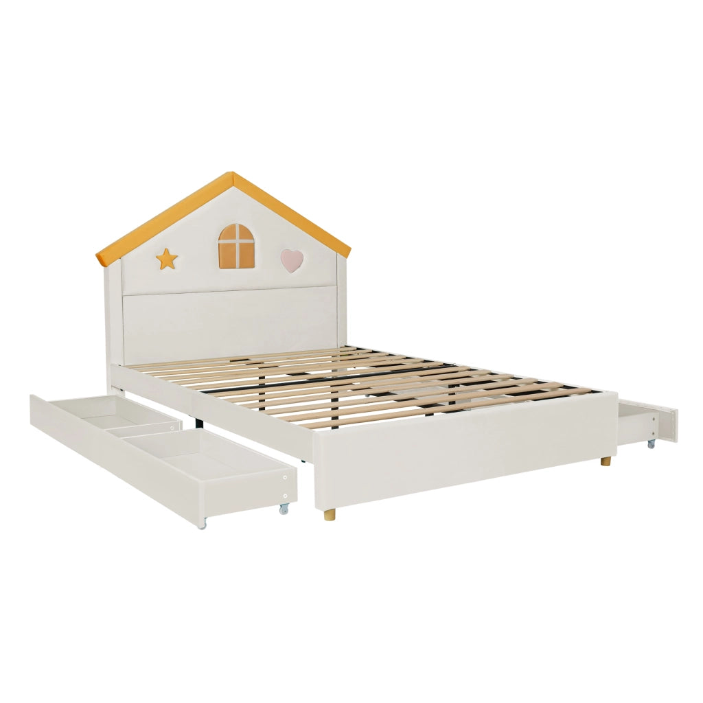 Letto per bambini con cassetti ¨C Minimal ¨C Beige velluto imbottito 140x200 cm