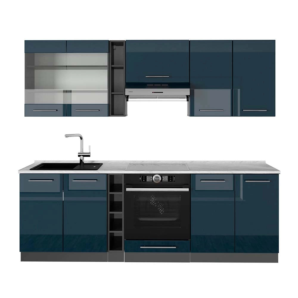 Cucina componibile Fame-Line Blu scuro lucido/Antracite 235 cm, PL Marmo Vicco