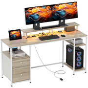 Scrivania per Computer con Luci LED, Cassetti, Prese e USB ¨C Minimal ¨C 155.5x48x88.5 cm Legno Naturale