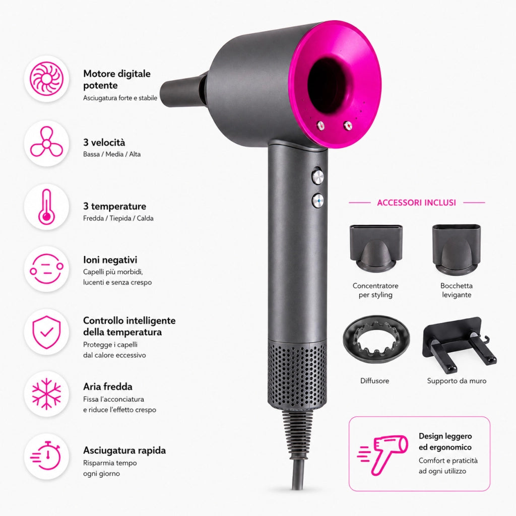 ASCIUGACAPELLI IONICO SENZA PALE PHON PROFESSIONALE 3 VELOCITA CON 2 BECCUCCI