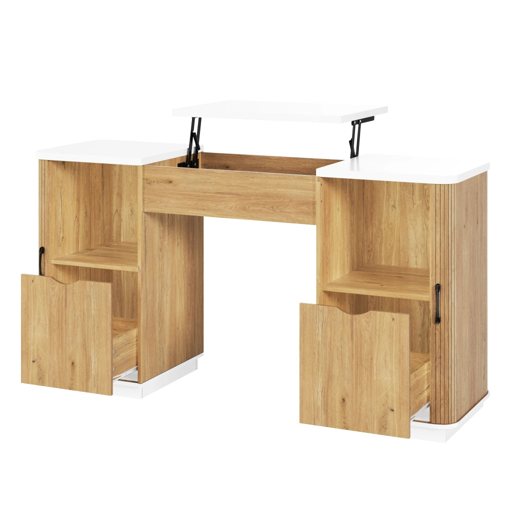 Scrivania regolabile in altezza con 2 cassetti in MDF bianco e rovere