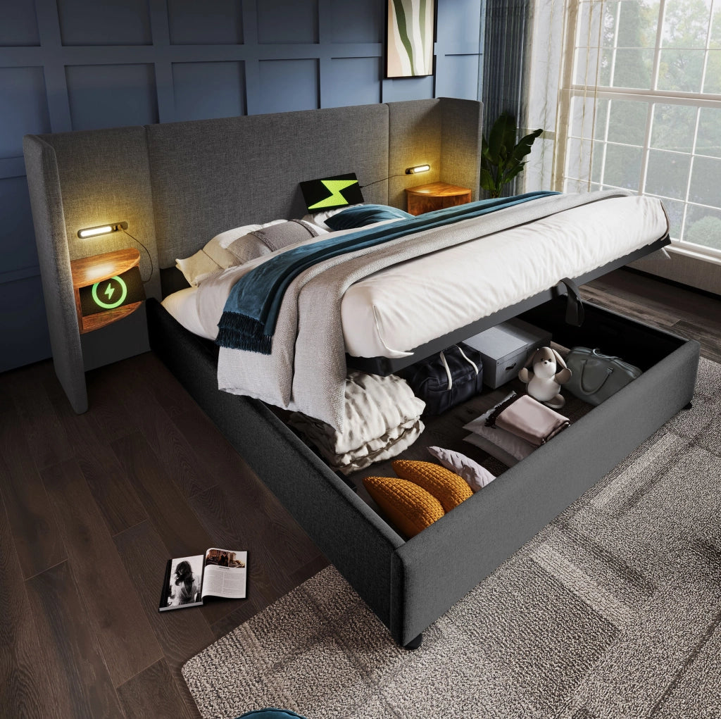 Letto matrimoniale 160x200 cm in lino grigio con contenitore; lampada lettura e USB/Type-C