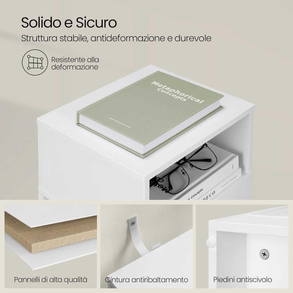 Set di 2 Comodino Stretto, Comodino con 2 Scomparti a Giorno e Cassetto, Tavolino da Notte 25x30x66cm, Mobile Salvaspazio per Camera da Letto, Soggiorno, in Truciolato, Bianco, 0179ZZ-2