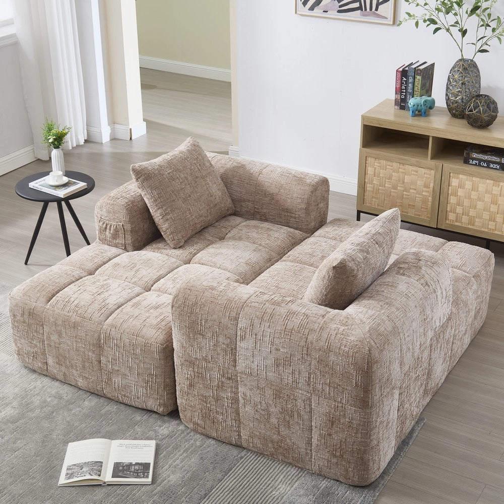 Divano angolare 3 posti con chaise longue e braccioli ¨C Minimal ¨C tessuto chenille khaki con 3 cuscini e tasca laterale