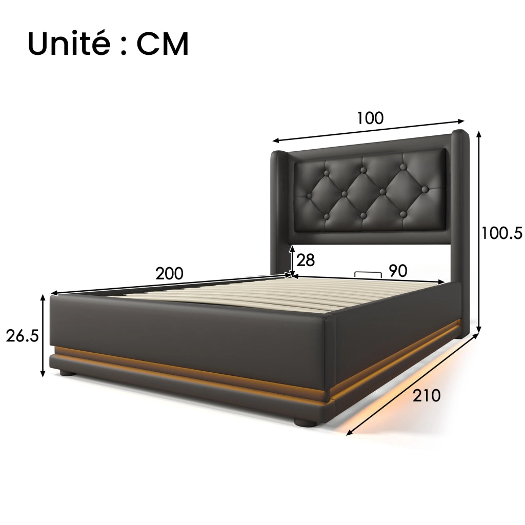 OKWISH Letto Contenitore 90×200 cm, Letto Singolo con Contenitore, USB, Tipo C e LED Regolabile, senza Materasso, in PU, Nero