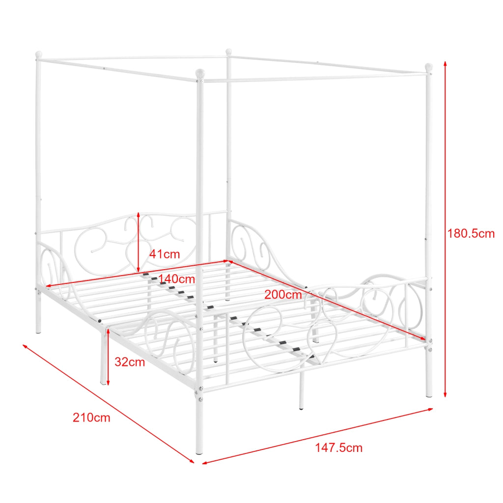Letto Francese a Baldacchino con Materasso a Schiuma Fredda 140x200 cm Struttura Letto in Acciaio con Elementi Laterali Decorativi in Stile Classico/Romantico - Bianco