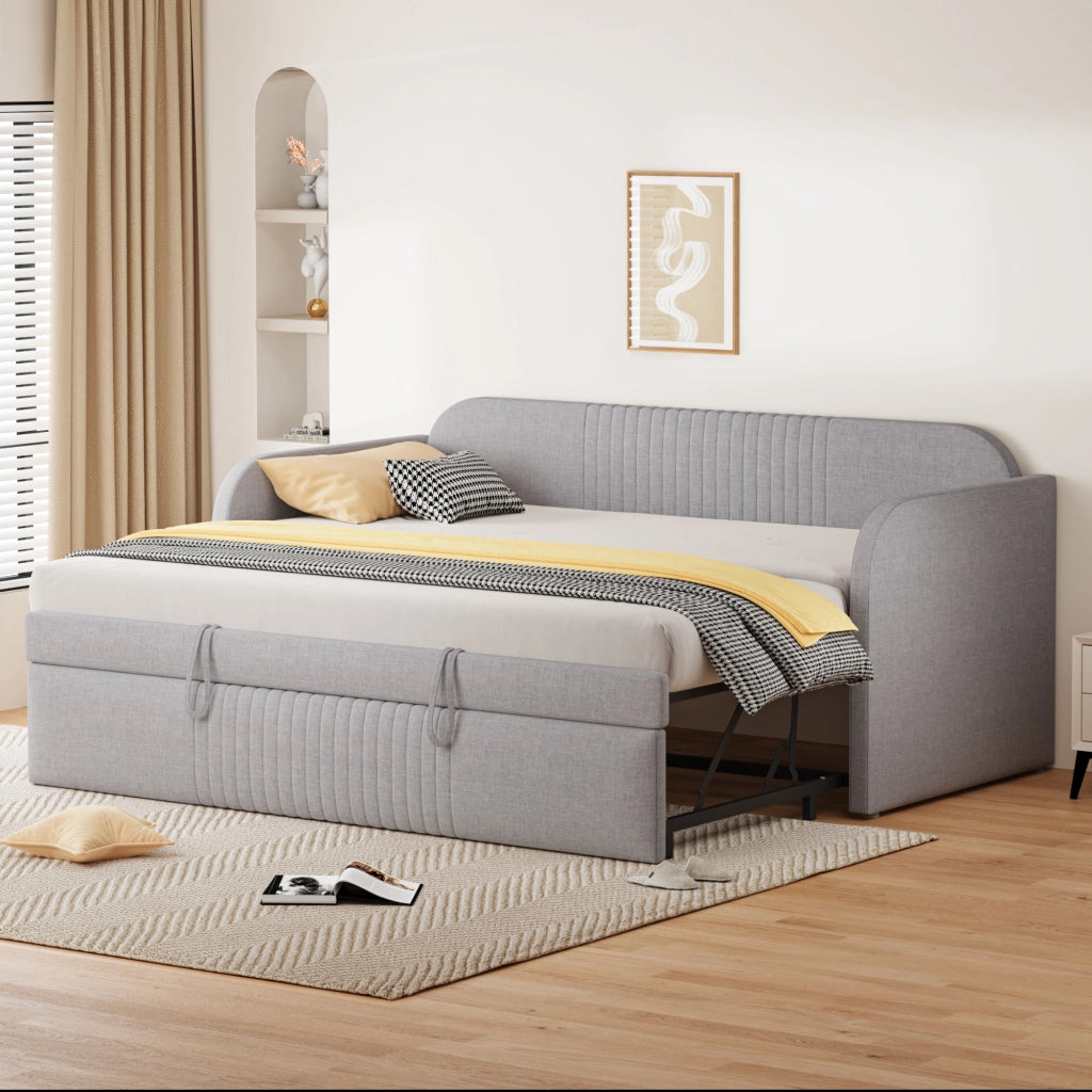 Letto divano 90 × 190 cm et 180 × 190 cm estensibile con doghe, senza materasso, in lino grigio chiaro