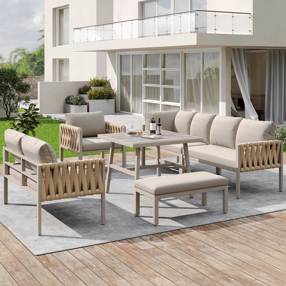 Set Divano Angolare da Giardino ¨C Xylo ¨C Cuscini Inclusi, Piano in Vetro Temperato, Beige