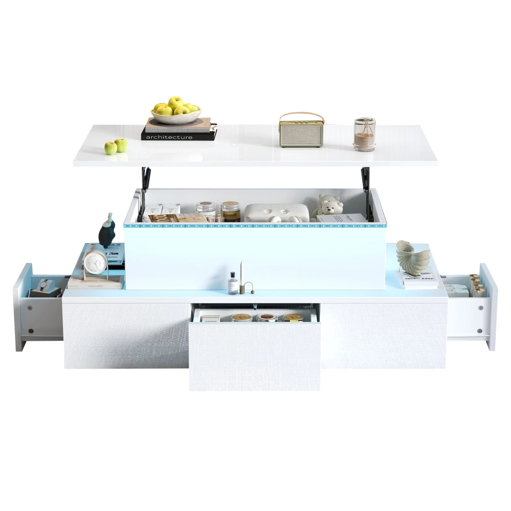 TAVOLINO Alzabile 100x50x40 cm MDF Bianco Lucido con 4 Cassetti e LED