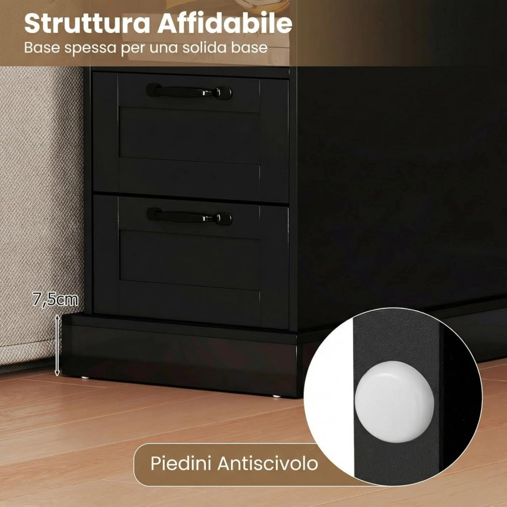 Tavolino con Cassetti e Stazione di Ricarica, Comodino con Mensola Aperta, 2 Cassetti, 2 Prese AC, Porta USB e Porta Type-C, Tavolino da Divano e Letto per Salotto e Camera da Letto (Nero)